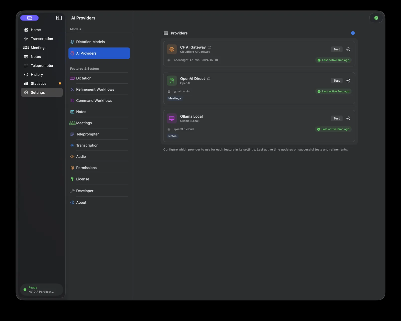 The AI Providers settings pane listing a Cloudflare AI Gateway provider, OpenAI Direct assigned to Meetings, and a local Ollama provider assigned to Notes, each with a Test button and last active time.