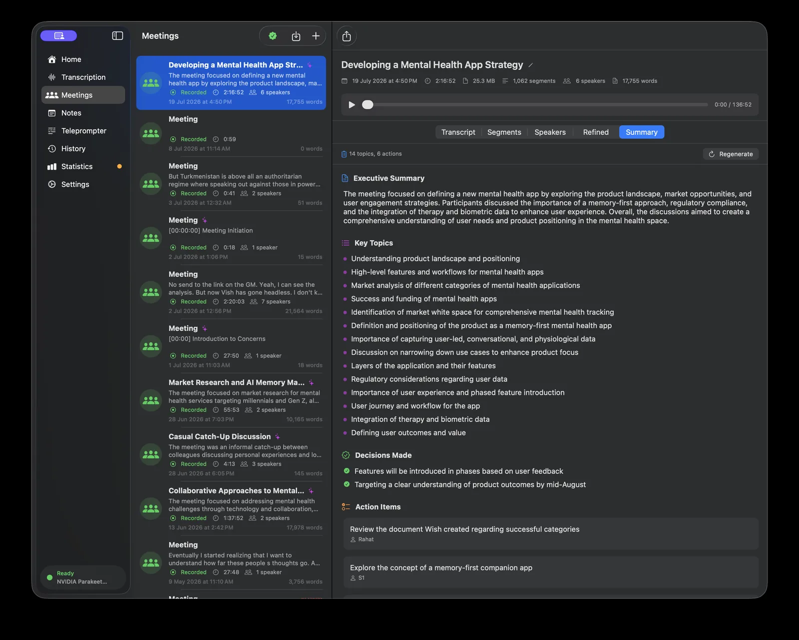 Murmur Meetings view: a two-hour meeting with six speakers, transcribed and summarized with an executive summary, key topics, decisions made, and action items.