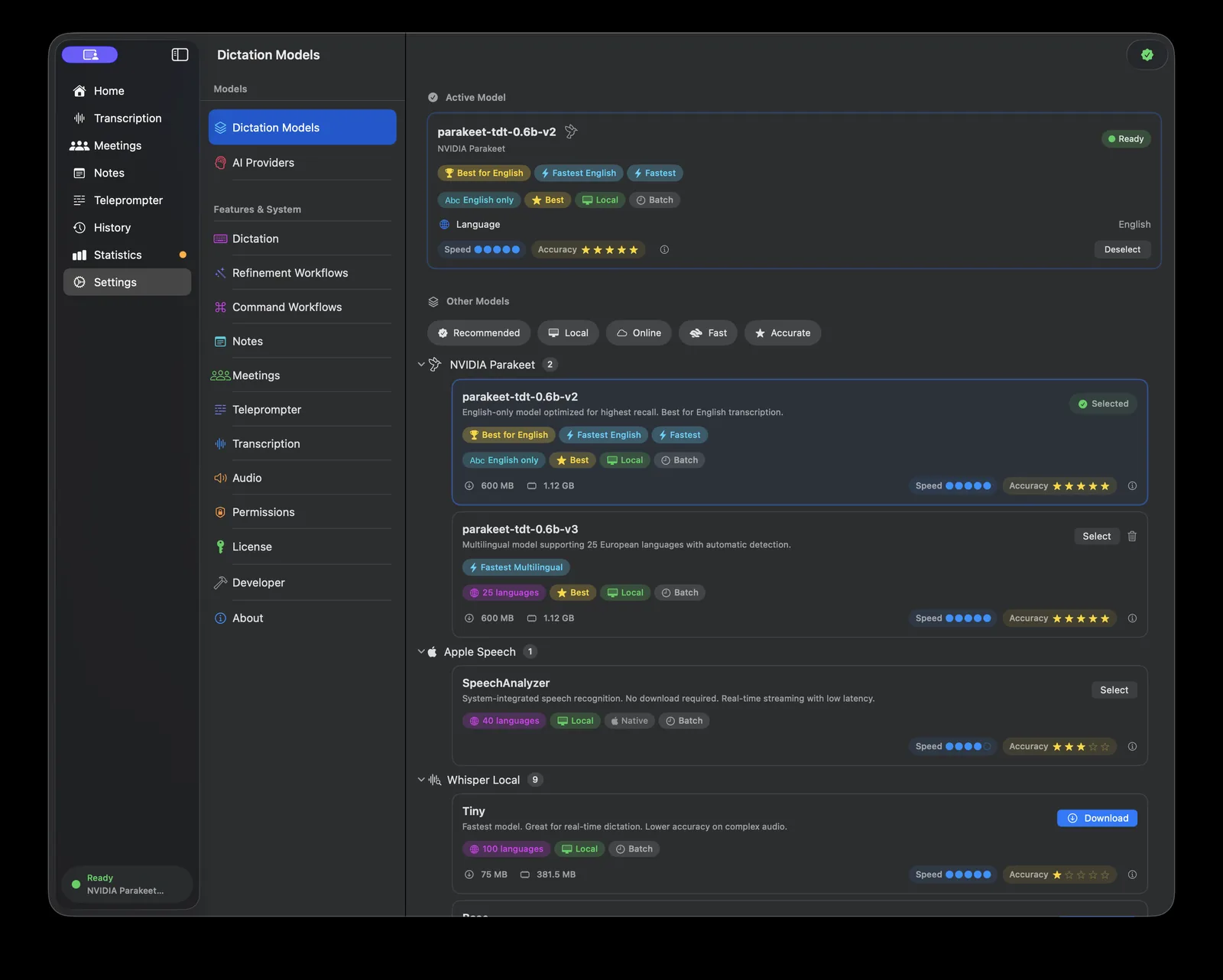 Murmur dictation model settings with NVIDIA Parakeet active, showing speed and accuracy ratings, plus Apple Speech and Whisper model options.