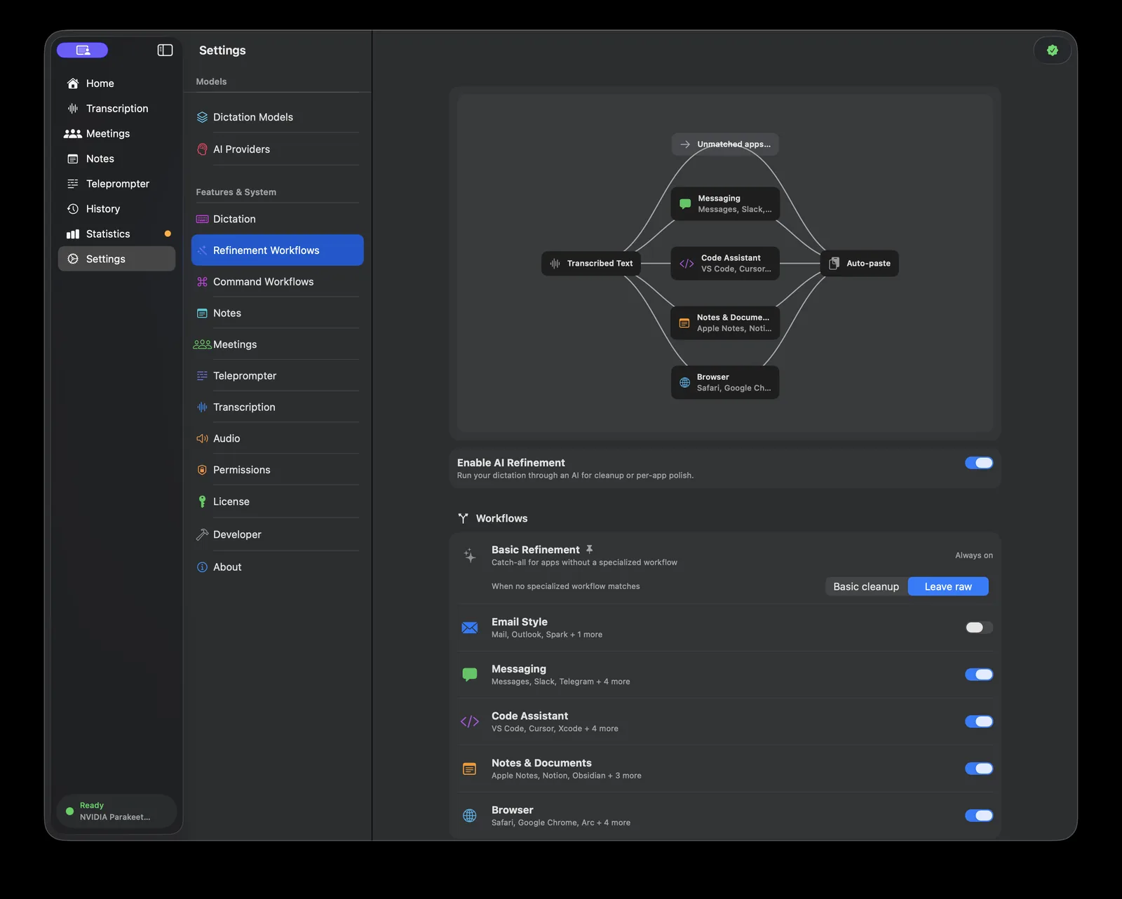 Murmur refinement workflows settings: a flow diagram routing transcribed text through messaging, code assistant, notes, and browser workflows to auto-paste, with per-workflow toggles.